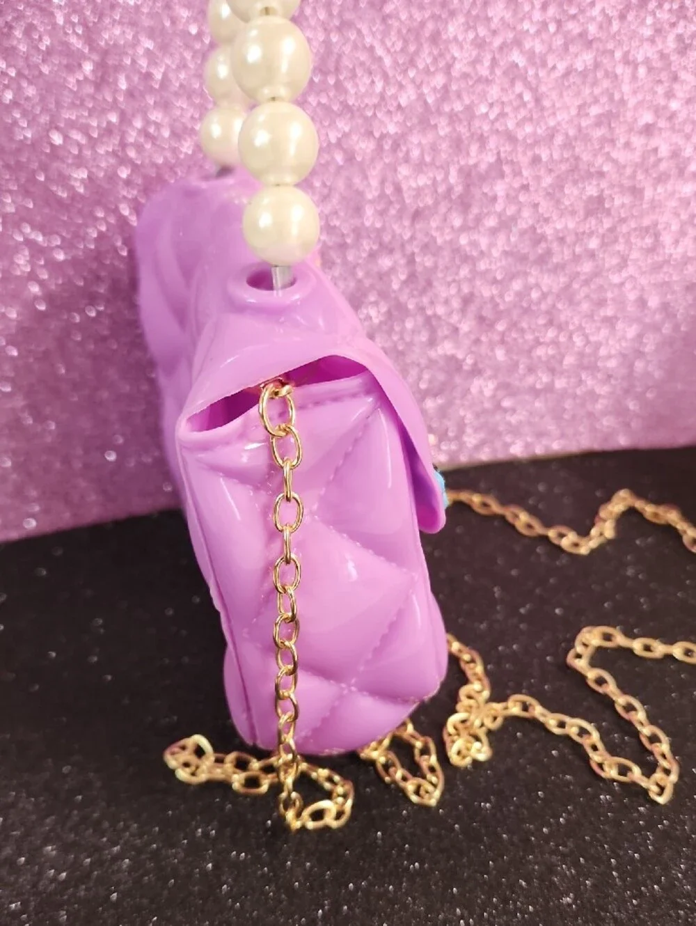 Kids Purple Unicorn Pearl-Handle Mini Bag with Gold Chain